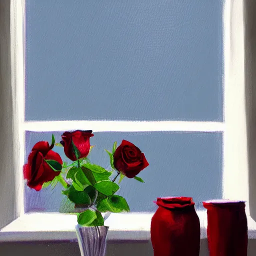 Image similar to A painting of a windowsill with two vases, one containing a red rose and the other containing a blue violet. The natural light from the window would be shining in on the scene. Trending on artstation