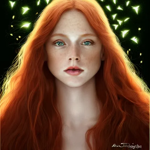 Prompt: a highly detailed, hyper realistic, red haired young woman, among golden fireflies, with long hair, green eyes, hint of freckles, round gentle face, tilted head, cheeky smile, deep focus, elegant, digital painting, smooth, sharp focus, golden ratio, illustration, ultra realistic, 8 k, art by artgerm and caravaggio