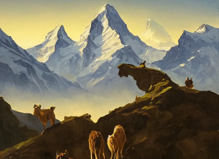 Prompt: alpine ibexes climbing in the alps with the matterhorn in the background in the style of hudson river school of art, oil on canvas