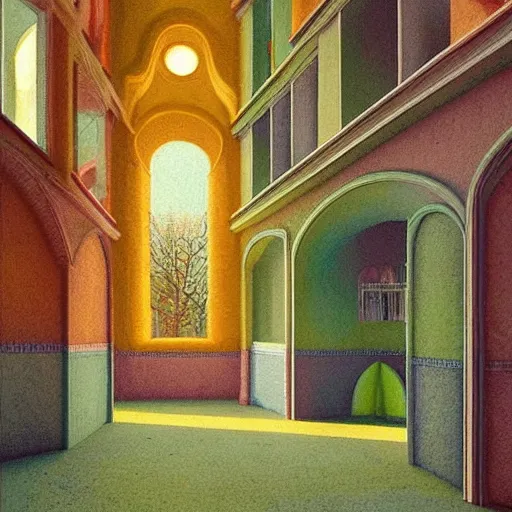 Image similar to colourful scene from a dream. digital artwork by vincent bons, michael whelan, remedios varo and gerardo dottori. grainy and rough. interesting pastel colour palette. beautiful light. oil and water colour based on high quality render.