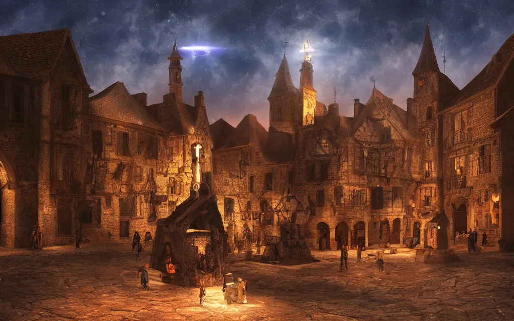 Image similar to at the square of a medieval french village, with a spaceship hovering, a well in the center, arches, orange light, highly detailed, cinematic lighting, render, fantasy