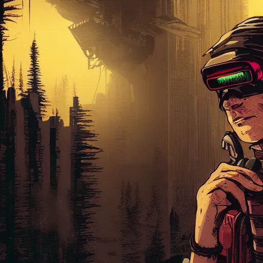 Image similar to in the style of max prentis and deathburger and laurie greasley a beautiful close up of a young explorer wearing a cyberpunk headpiece playing video games in his treehouse, highly detailed, 8 k wallpaper