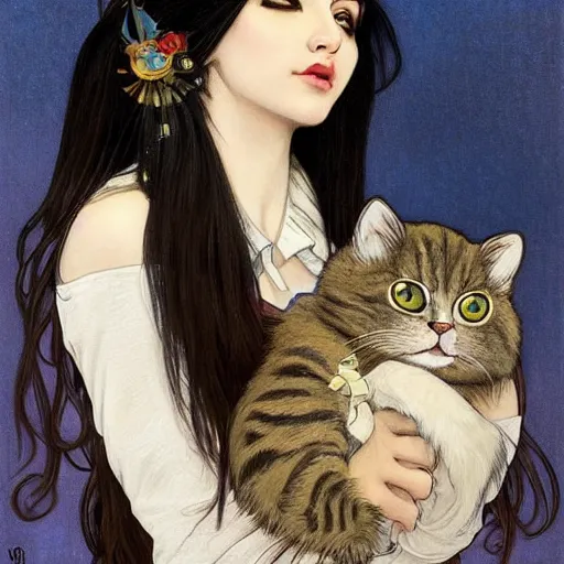 Prompt: cute emo persian woman, with long dark hair, thick eyebrows!!! dark eyes and dark circles!, wide nose!!!, big eyes, oval face shape, big cheeks!, she is holding a cat in her arms, by juan villafuerte, greg rutkowski and alphonse mucha, pexels contest winner, high quality photo, hd rtx