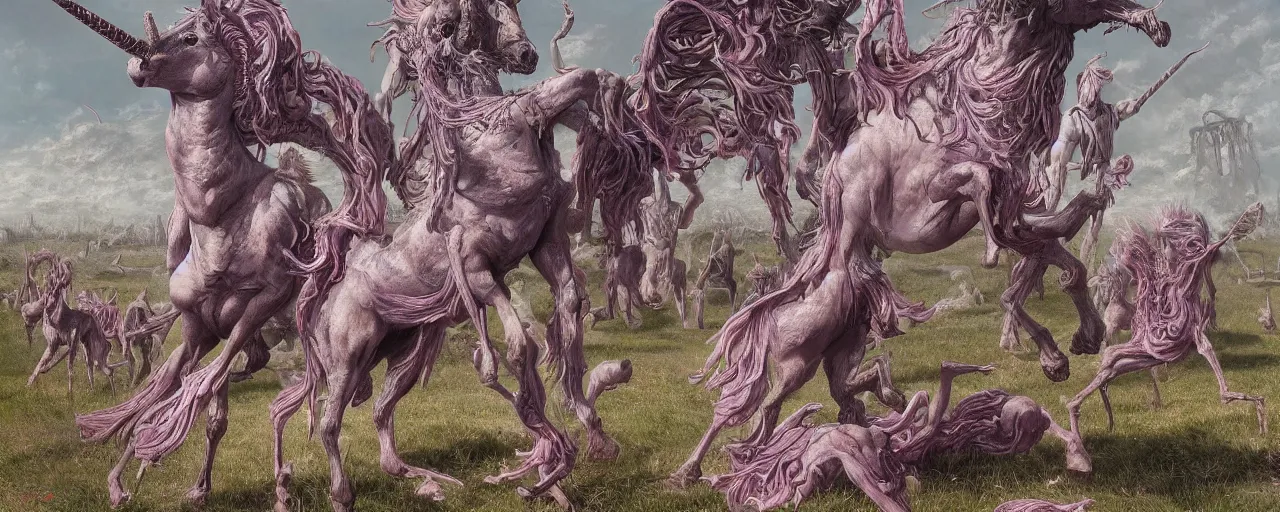 Prompt: a stunning detailed mate painting of unicorns dancing on a graveyard'by wayne barlowe, existential horror, trending on cgsociety artstation, highly detailed, 8 k, masterpiece, super resolution.