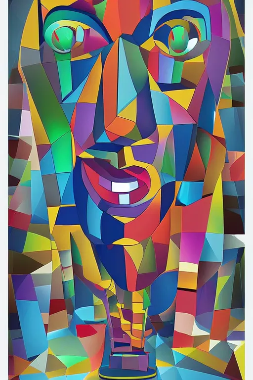 Image similar to cubist moai statue cutout digital illustration cartoon colorful beeple