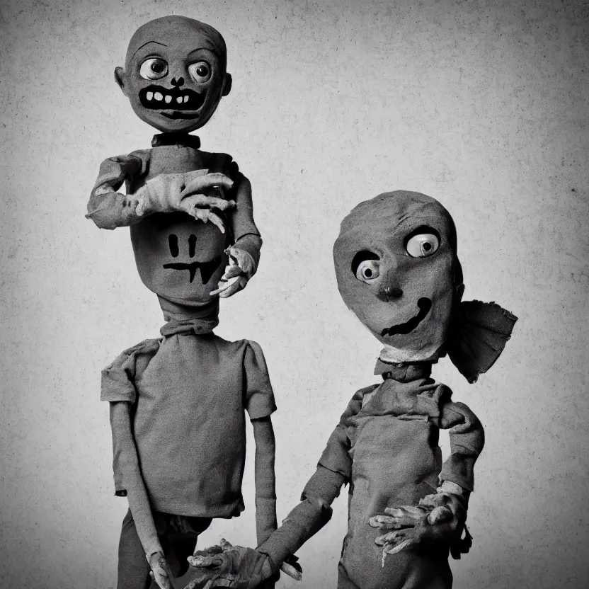 Image similar to creepy ventriloquist dummy in the style of roger ballen, 4 k, bw, portrait