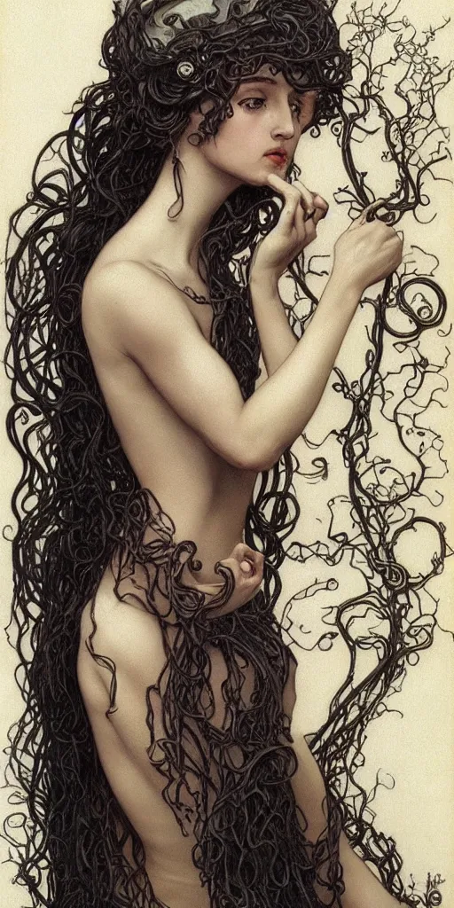 Prompt: a beautiful hyperrealistic portrait pose of a stunning Medusa model in a black glossy scaled dress, intricate, elegant, highly detailed, smooth, sharp focus, award-winning, masterpiece, in the style of Moebius, Brian Froud, John Bauer, Alphonse Mucha