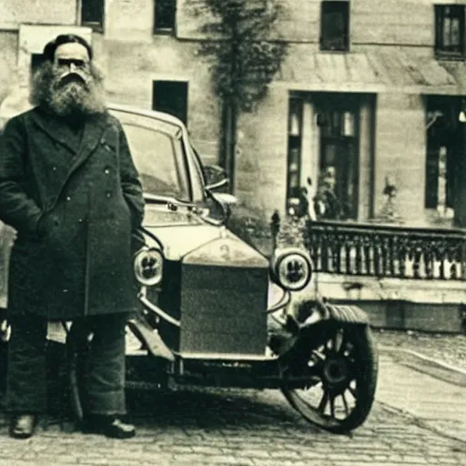 Image similar to karl marx standing by his gold mercedes