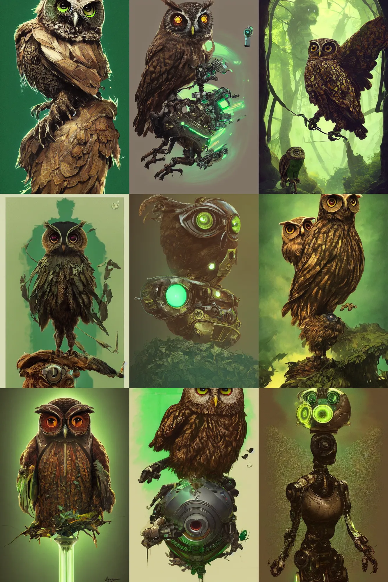 Prompt: ultra realistic illustration, robot brown owl against a green back for chroma key by artgerm and greg rutkowski and alphonse mucha, constant green background, trending on artstation