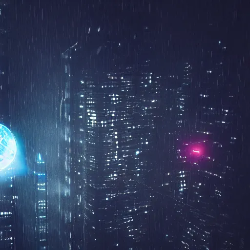 Image similar to A hyperdetailed photograph of a silver suit Iron Man flying through the skies of a cyberpunk, futuristic city, night, dense fog, rain, HD, 8K resolution