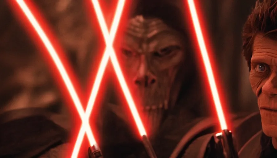 Prompt: Willem Dafoe as a Sith Lord, cinematic lighting, close-up, Star Wars cinematography