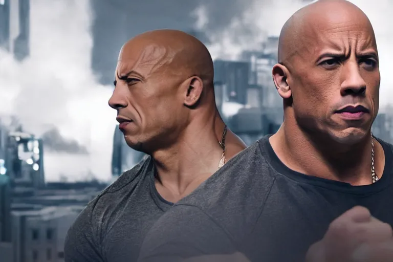 Image similar to vin diesel as dwayne johnson flexing and yelling let's go!, fast furious, low isometric perspective, cinematic still, movie still, long lens, shallow depth of field, bokeh, anamorphic lens flare, 8 k, hyper detailed, 3 5 mm film grain