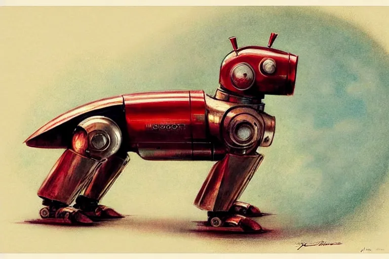 Image similar to discover ( ( ( ( ( 1 9 5 0 s retro future robot android dog. muted colors. ) ) ) ) ) by jean baptiste monge!!!!!!!!!!!!!!!!!!!!!!!!! chrome red