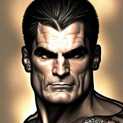 Image similar to full portrait of henry rollins as n overwatch character, fantasy, d & d, intricate, detailed, by by alphonse mucha, adolfo hohenstein, alice russell glenny, stanley artgerm lau, greg rutkowski, detailed, trending on artstation, trending on artstation, smooth