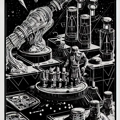 Image similar to ancient alchemist wizards laboratory, high details, lineart, by vincent di fate, inking, 3 color screen print, masterpiece, trending on artstation, sharp, high contrast, hyper - detailed, hd, 4 k, 8 k