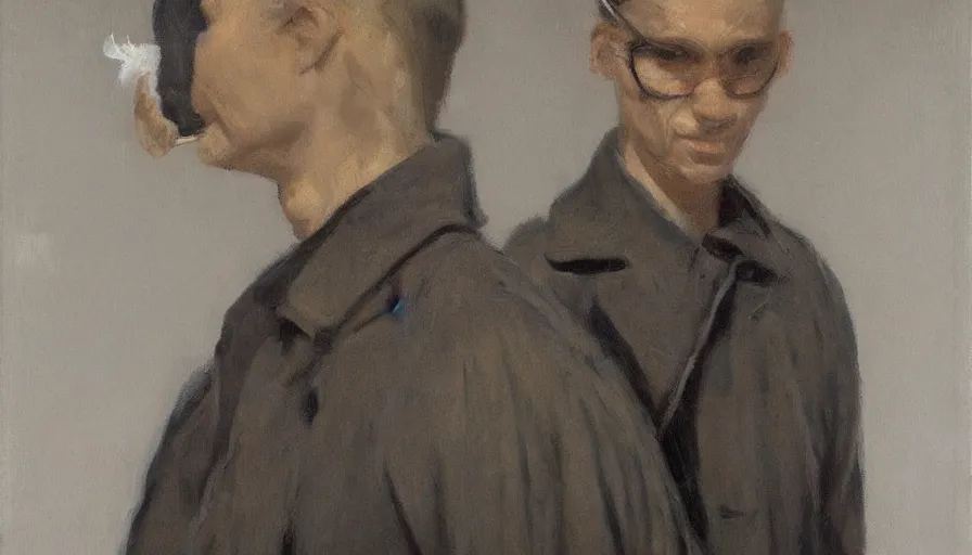 Image similar to painting by borremans, agent in a coat with cigarette, detailed, stunning