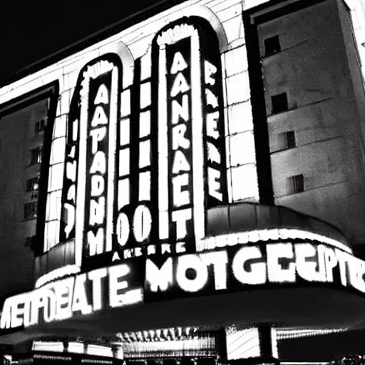 Prompt: art deco movie theater palace at night, dramatic light, evening, fritz lang's metropolis,