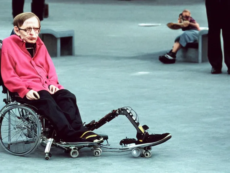 Image similar to a color photo of Stephen hawking in a Skatepark