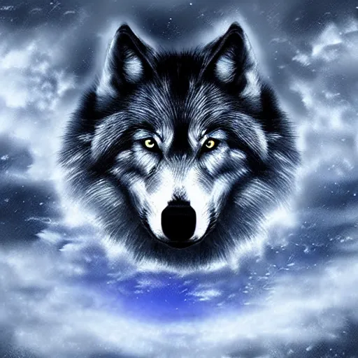 Image similar to of a fantasy sky and the gases and clouds shape into a wolf's head epic digital art