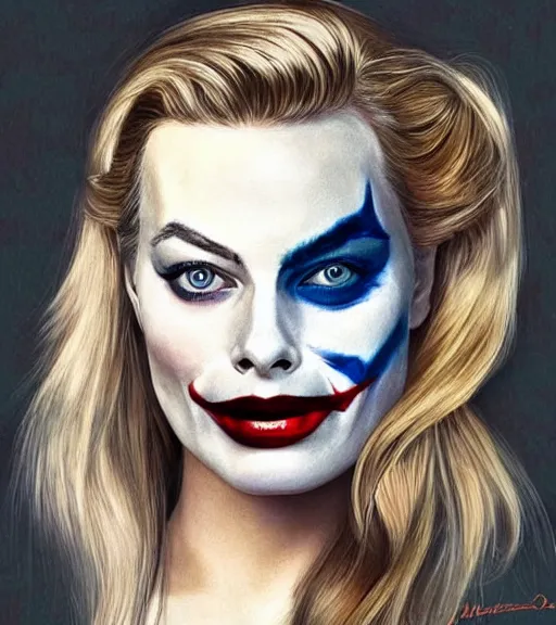 Image similar to margot robbie portrait with light joker makeup, pencil drawing, realistic face, beautiful eyes, smiling, hyper realistic, highly detailed
