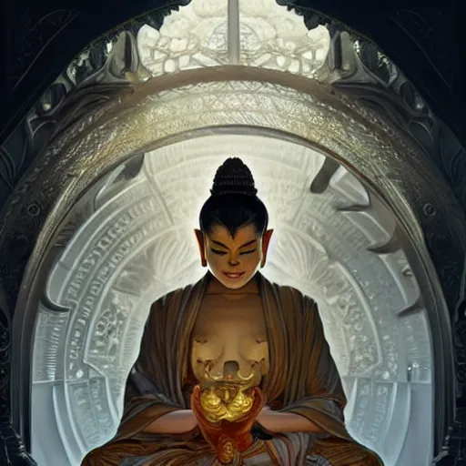 Image similar to Buddah, D&D, intricate, elegant, highly detailed, digital painting, artstation, concept art, matte, sharp focus, illustration, art by Artgerm and Greg Rutkowski and Alphonse Mucha]