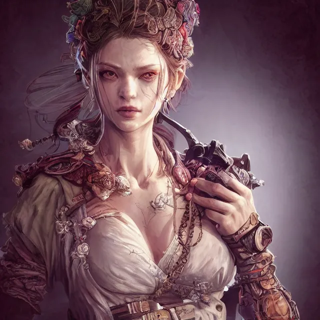 Image similar to the portrait of chaotic neutral female rogue as absurdly beautiful, gorgeous, elegant, innocent young woman, an ultrafine hyperdetailed illustration by kim jung gi, irakli nadar, intricate linework, bright colors, octopath traveler, final fantasy, unreal engine 5 highly rendered, global illumination, radiant light, detailed and intricate environment