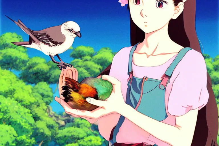 Image similar to young pretty girl holding a bird in her hands, looking touched, Fragile looking character portrait , beautiful scene; highly detailed art, by Studio Ghibli , High contrast, anime art