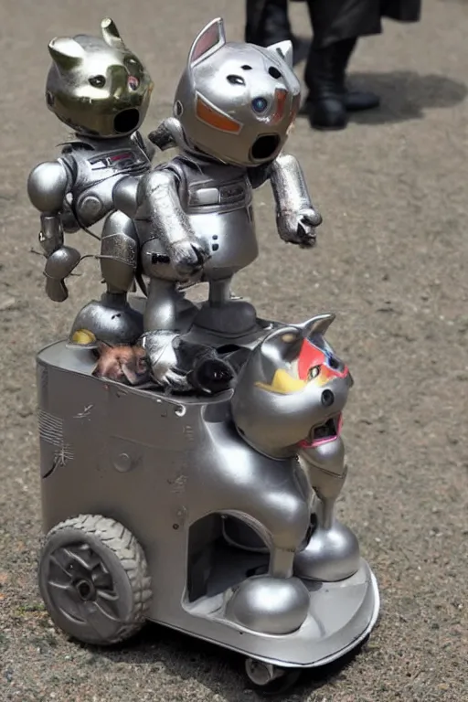 Prompt: tiny humanoid robots riding cats into war.