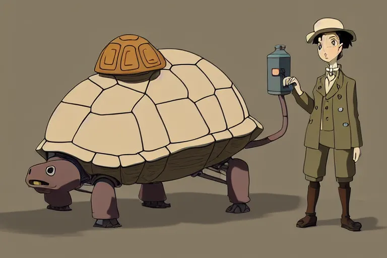 Image similar to a study of a cell shaded cartoon of a beige mechanical tortoise from howl's moving castle ( 2 0 0 4 ), at a gas station, full body, wide shot, very muted colors, post grunge, studio ghibli, laurie greasley, highly detailed, deviantart, art by artgem