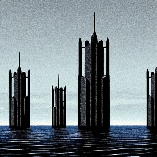 Image similar to 1 9 5 0 s city at the bottom of the ocean realistic dark towers, view from sea floor