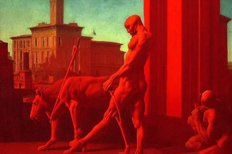 Image similar to only with red, caesar after war, a red tiger, in hoc signo vinces, rome in background, an ancient path, in the style of beksinski, part by hopper, part by rodcenko, part by hofbauer, intricate composition, red by caravaggio, insanely quality, highly detailed, masterpiece, red light, artstation