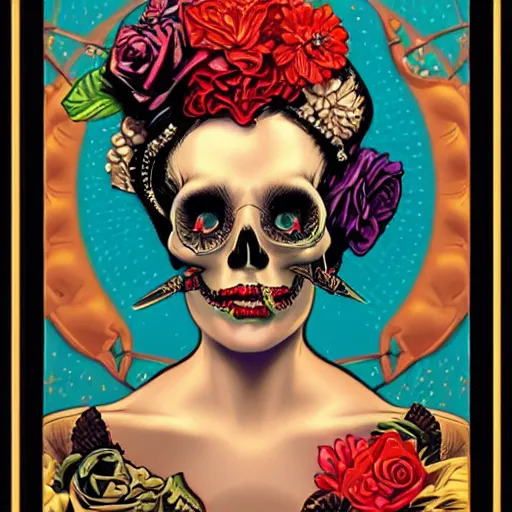 Image similar to a beautiful fancy skull lady by dan mumford and gil elvgren