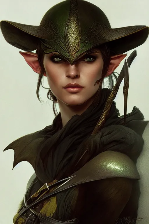 Image similar to portrait of a elven ranger, dark, piercing eyes, gentle expression, elegant clothing, photorealistic, highly detailed, artstation, smooth, sharp focus, art by michael whelan, artgerm, greg rutkowski and alphonse mucha