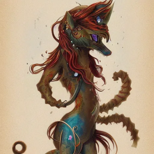 Image similar to cat seahorse shapeshifter, long-haired humanoid fursona by Peter Mohrbacher and Louis Wain, furaffinity, trending on artstation