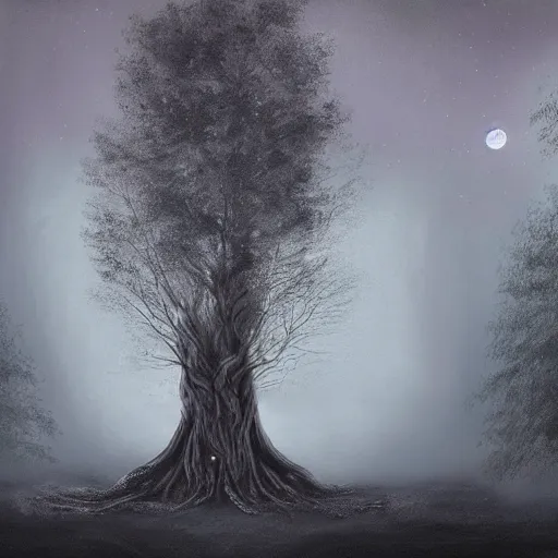 Image similar to an ultra realistic painting of a girl in a silver dress sitting in a gigantic ancient tree next to a pond at night, surrounded by a towering dark forest, the moon can be glimpsed through the trees and is veiled by fog, fog obscures the background, midnight, dark fantasy, fantasy forest, spooky forest, highly detailed, concept art