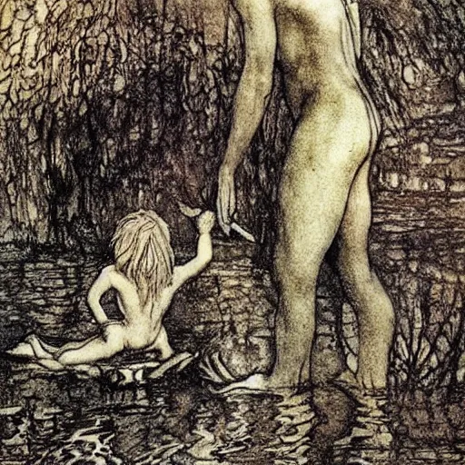 Image similar to The blood-dimmed tide is loosed and everywhere the ceremony of innocence is drowned, painted by Arthur Rackham