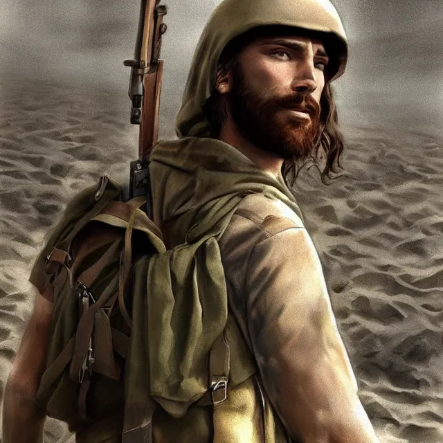 Prompt: jesus christ as a soldier on the beach during d - day trending on artstation deviantart pinterest photorealistic hd 8 k highlights and shadow detailed high resolution