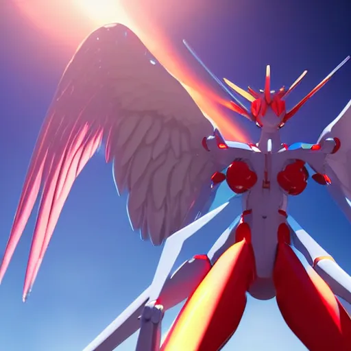 Image similar to evangelion angel invaders blazing wings 4 k path traced high definition detailed artstation realistic trending dramatic lighting hyperrealism bokeh focus high frequency noise