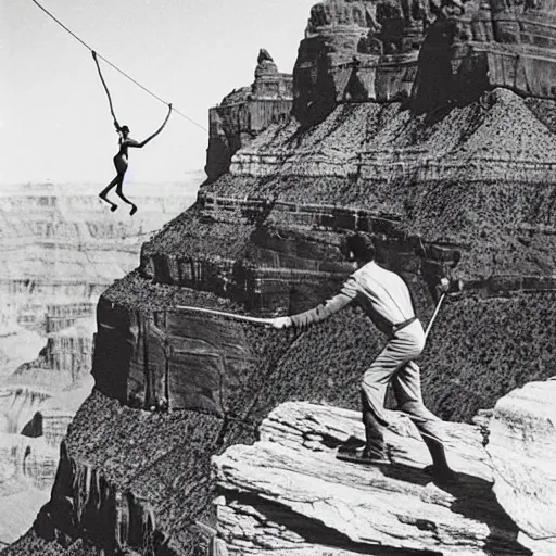 Prompt: man walking a tightrope between grand canyon vintage photo