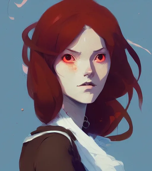 Image similar to portrait of a female mage, red hair, by atey ghailan, by greg rutkowski, by greg tocchini, by james gilleard, by joe fenton, by kaethe butcher, dynamic lighting, gradient light blue, brown, blonde cream and white color scheme, grunge aesthetic