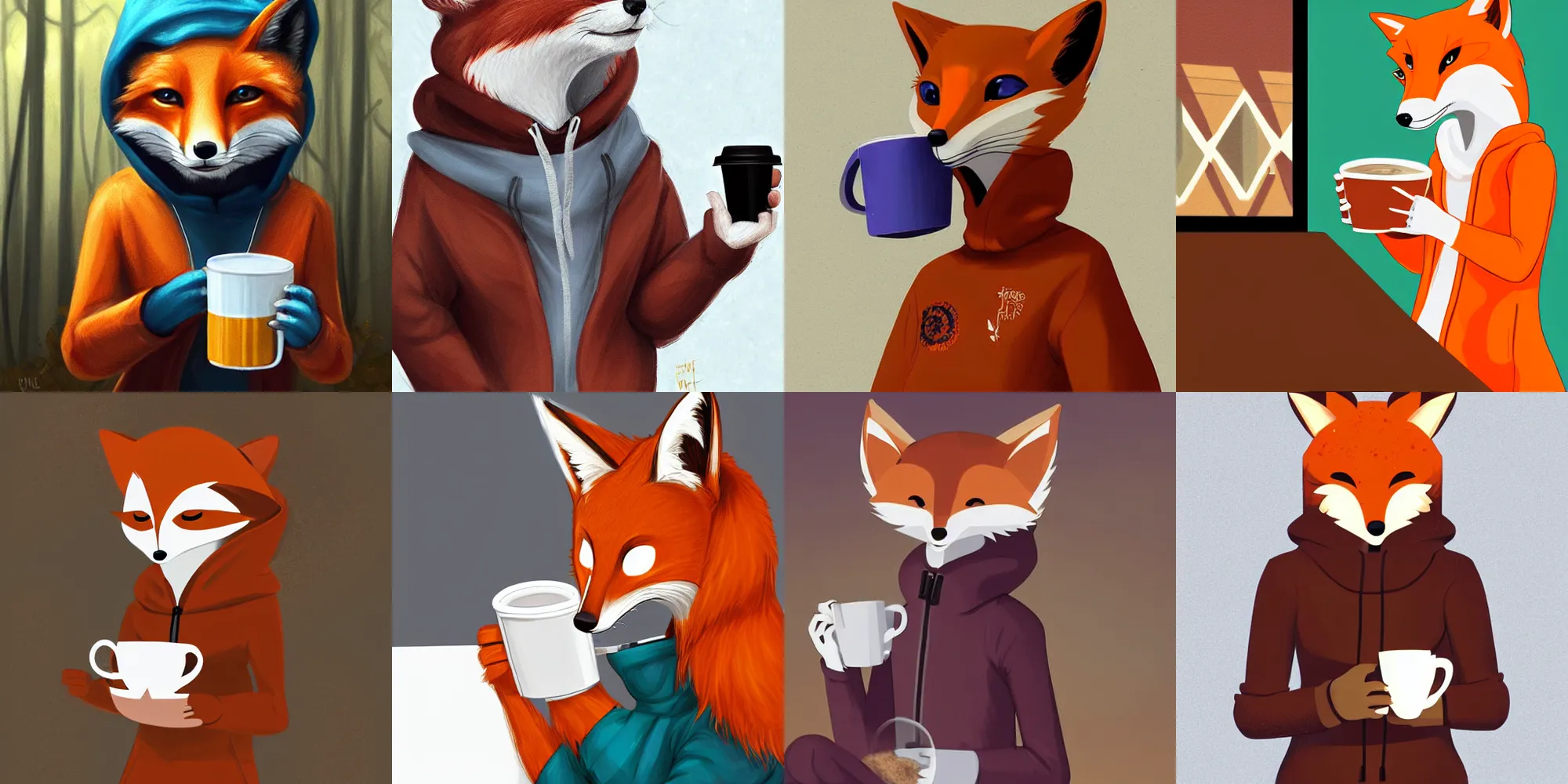 Prompt: A beautiful digital painting of an anthropomorphic fox wearing a hoodie and drinking a coffee, furry art from furaffinity, detailed