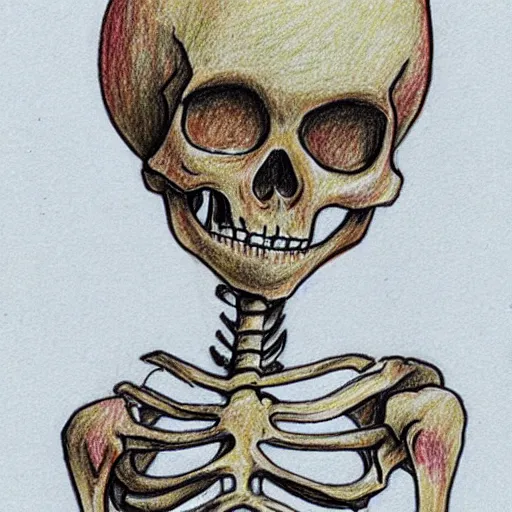 Prompt: funny skeleton, kid's drawing, colour pencil drawing