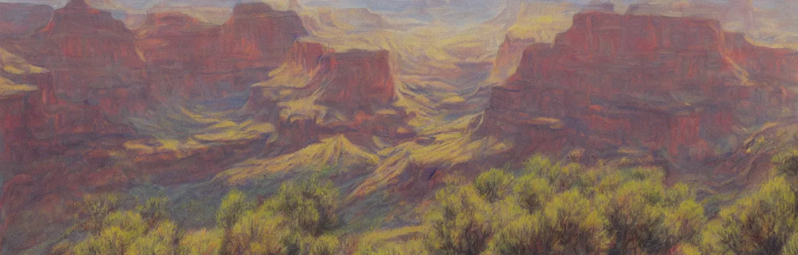 Prompt: landscape meadow flowing into grand canyon, pastel artwork