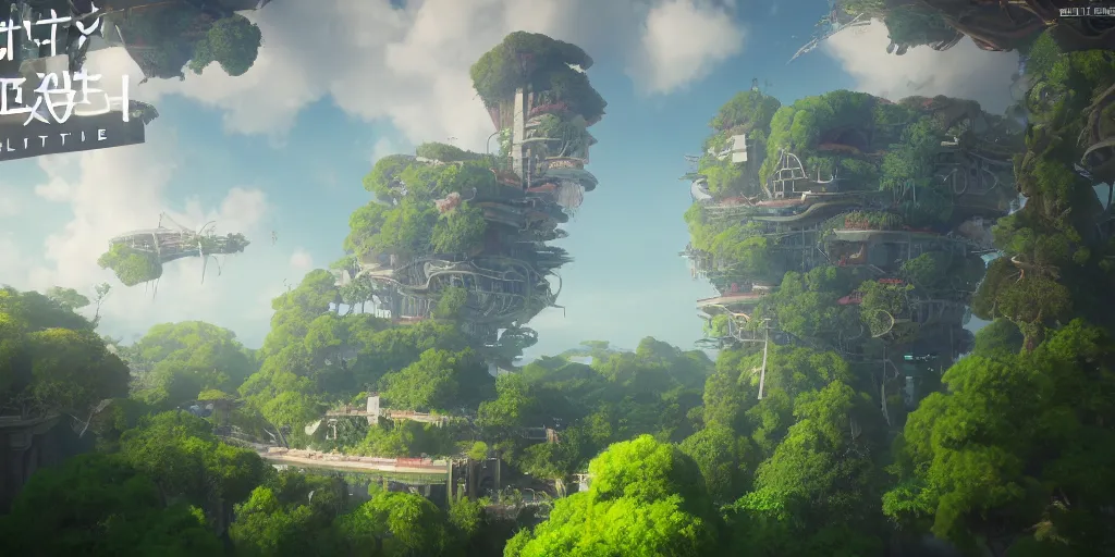 Image similar to future city covered by forest creature, flying, culture, smooth, spaceship, piltover, zaun, howl's moving castle, by studio ghibli, makoto shinkai, fractal landscape, 4 k, unreal engine