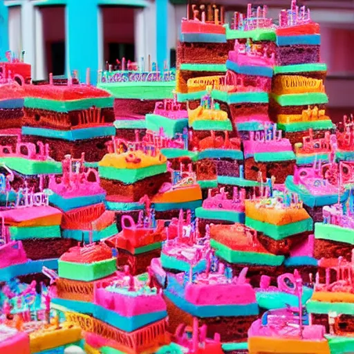 Prompt: a city made of cake, different colors