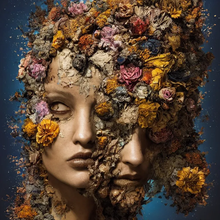 Image similar to A beautiful oil painting hyperrealism of a decayed black head, rotting black clay skin, gold flaked flowers, floral headdress, 8k resolution, octane render, Trending on artstation, by Gediminas Pranckevicius, volumetric light 2blue fractal Thunder glow by dan mumford, anaglyph effect, Laurie Lipton