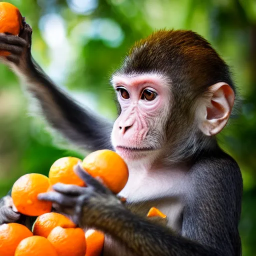 Image similar to a press photography of a monkey harvesting oranges in florida photography, iso 1 0 0, report, press photo