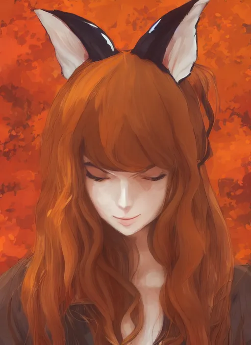 Image similar to girl with fox ears, tired eyes, long wavy orange hair, light brown trenchcoat, forest background, focus on face, pretty, moody lighting, painterly, illustration by shigenori soejima