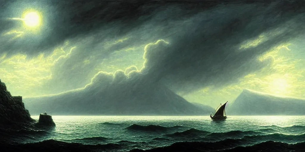 Prompt: lord of the rings scenery landscape, a hobbit out at a staring across the sea from the shore at a white timber sail boat leaving harbour, evening bright stars, highly detailed, vivid colour, soft clouds, cinematic lighting, perfect composition, gustave dore, derek zabrocki, greg rutkowski, belsinski