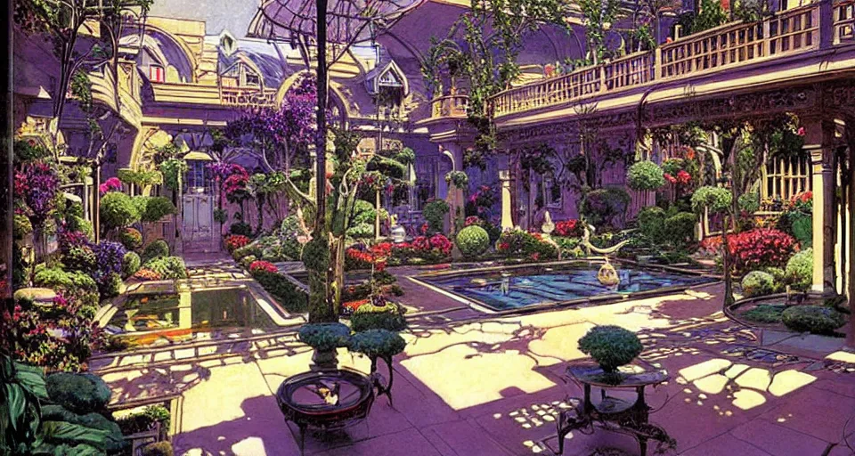 Image similar to a luxurious scifi futuristic victorian garden courtyard by robert mccall, moebius